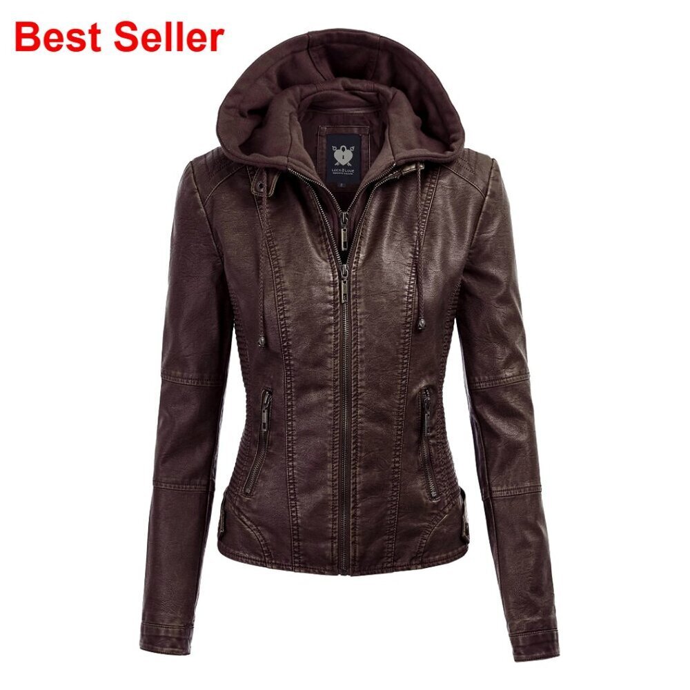 Faux Leather Moto Biker Jacket with Removable Hood